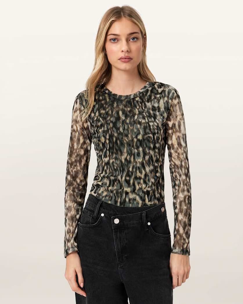 AllSaints Ellie Mesh Long Sleeve T-Shirt Women's Leppo Brown Women's