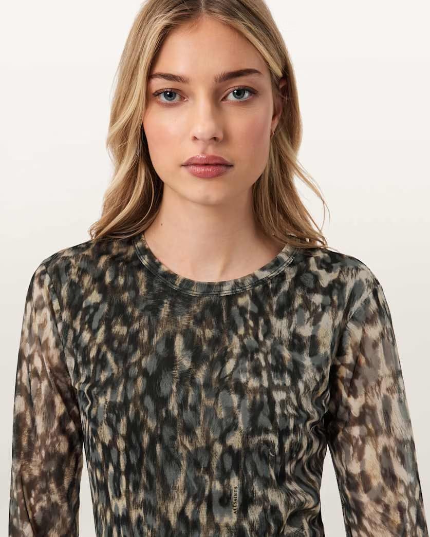 AllSaints Ellie Mesh Long Sleeve T-Shirt Women's Leppo Brown Women's