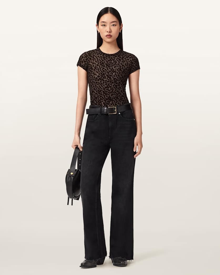 AllSaints Ellie Mesh Leopard Print T Shirt Women's Brown Flock Women's