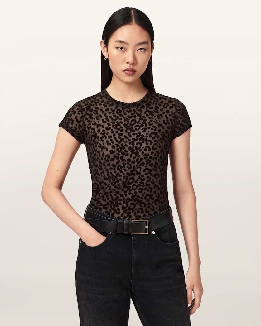 AllSaints Ellie Mesh Leopard Print T Shirt Women's Brown Flock Women's