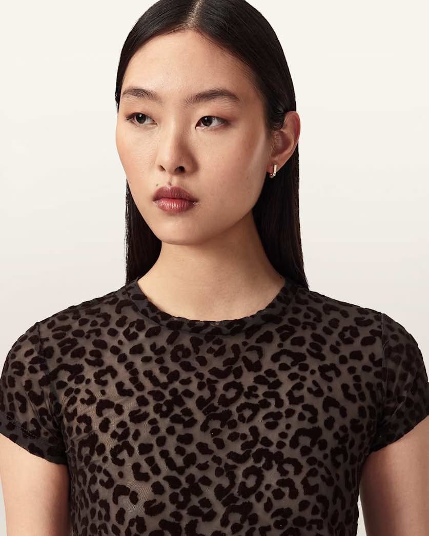 AllSaints Ellie Mesh Leopard Print T Shirt Women's Brown Flock Women's