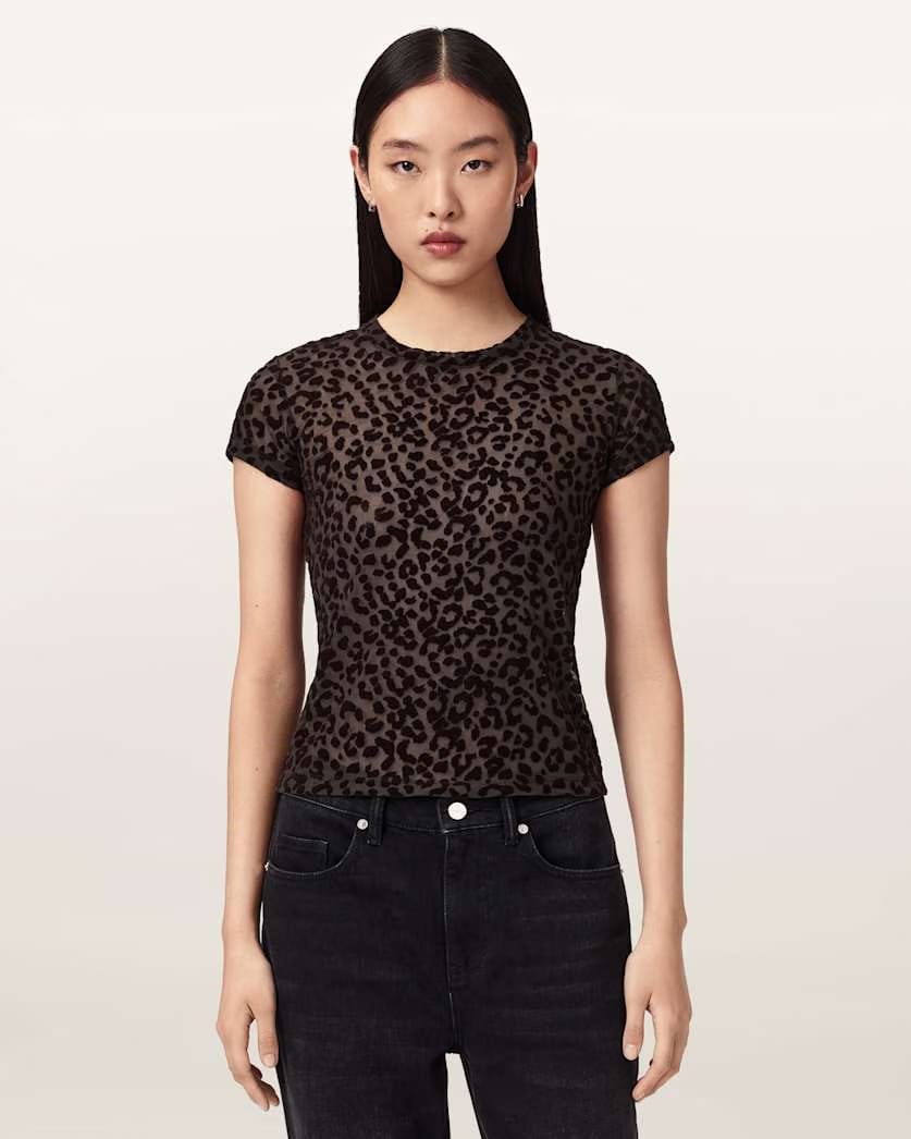 AllSaints Ellie Mesh Leopard Print T Shirt Women's Brown Flock Women's