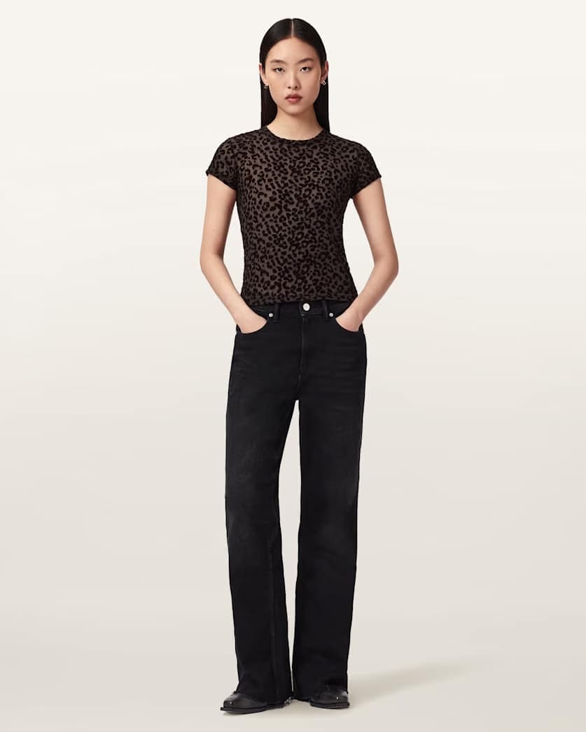 AllSaints Ellie Mesh Leopard Print T Shirt Women's Brown Flock Women's