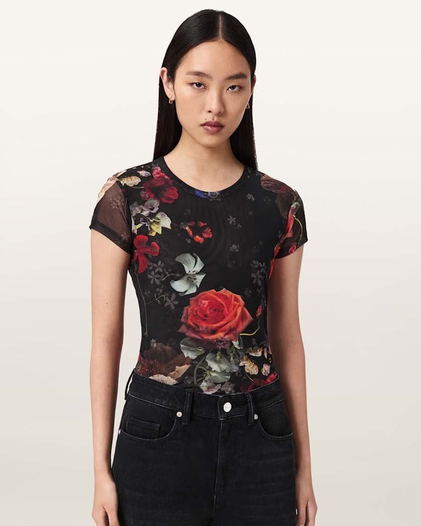 AllSaints Ellie Mesh Floral T Shirt Women's Haze Black Women's