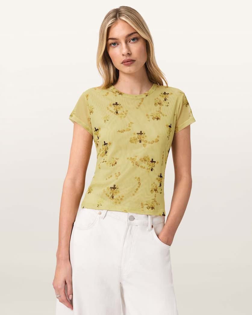 AllSaints Ellie Mesh Floral T Shirt Women's Haze Black Women's