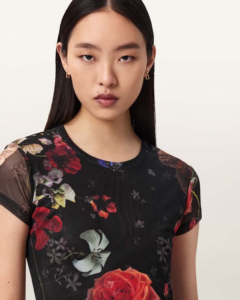 AllSaints Ellie Mesh Floral T Shirt Women's Haze Black Women's