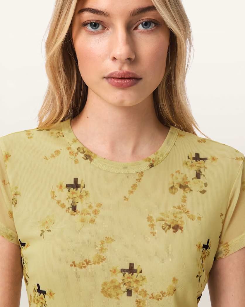AllSaints Ellie Mesh Floral T Shirt Women's Haze Black Women's