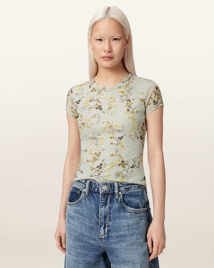 AllSaints Ellie Mesh Floral Print Slim T Shirt Women's Carmel Stem Green Women's