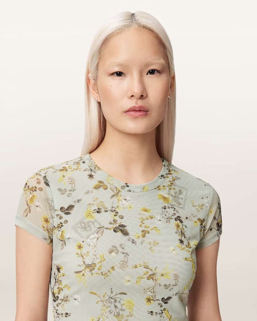 AllSaints Ellie Mesh Floral Print Slim T Shirt Women's Carmel Stem Green Women's