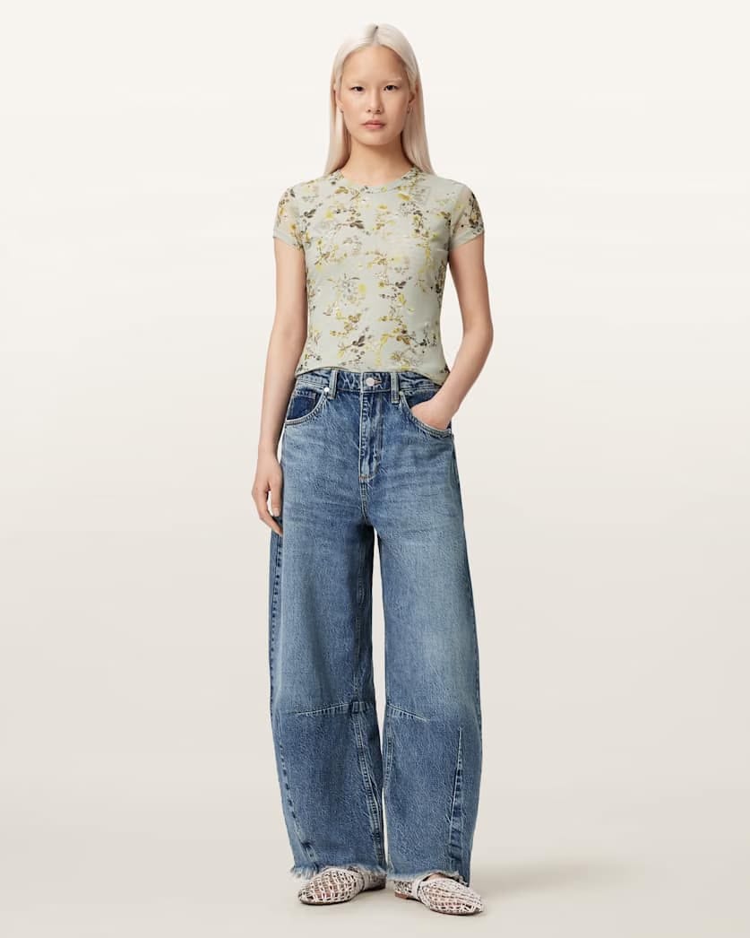 AllSaints Ellie Mesh Floral Print Slim T Shirt Women's Carmel Stem Green Women's