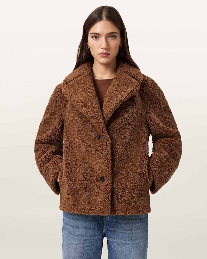AllSaints Eddie Faux Teddy Jacket Women's Cognac Brown Women's