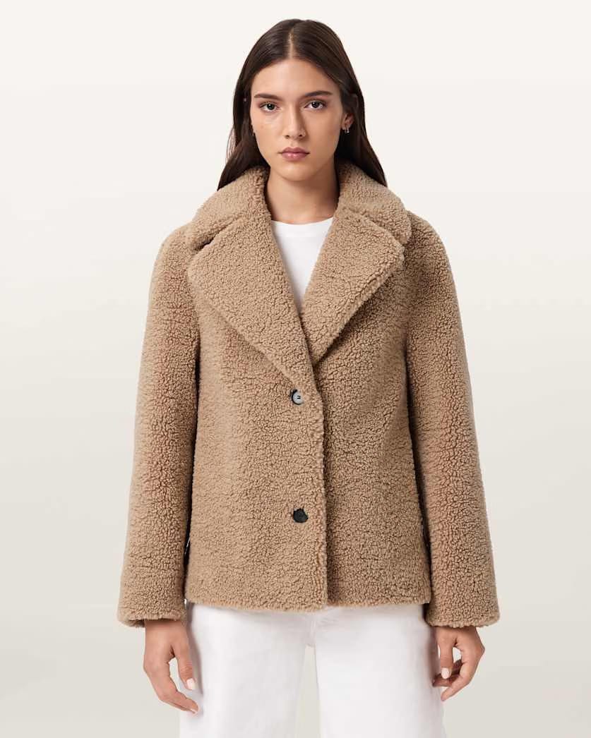 AllSaints Eddie Faux Teddy Jacket Women's Cognac Brown Women's