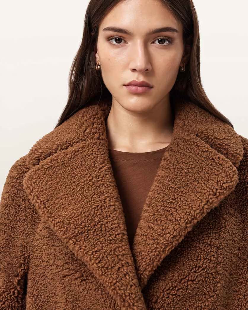 AllSaints Eddie Faux Teddy Jacket Women's Cognac Brown Women's