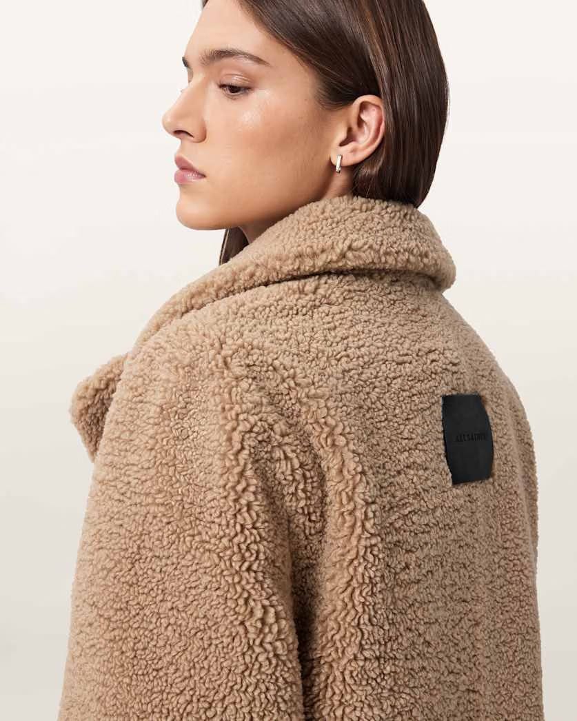 AllSaints Eddie Faux Teddy Jacket Women's Cognac Brown Women's