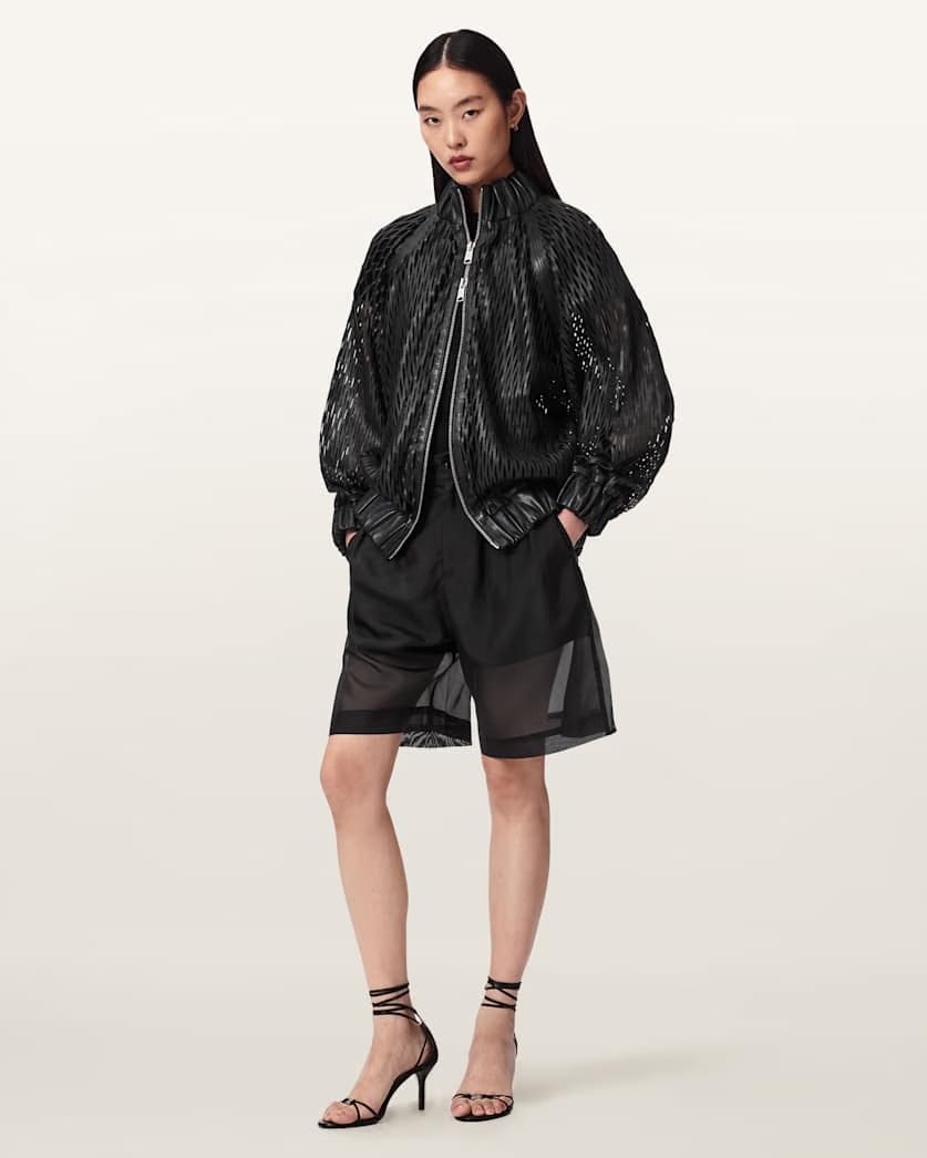 AllSaints Dual Relaxed Fit Leather Bomber Jacket Women's Black Women's