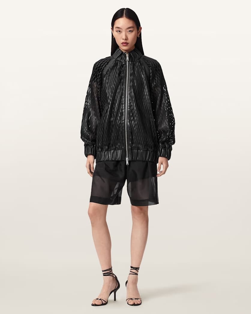 AllSaints Dual Relaxed Fit Leather Bomber Jacket Women's Black Women's