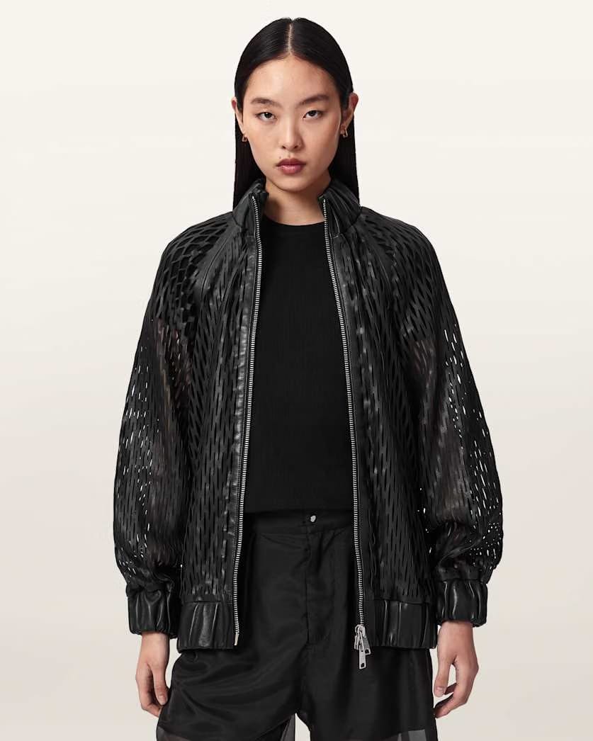 AllSaints Dual Relaxed Fit Leather Bomber Jacket Women's Black Women's