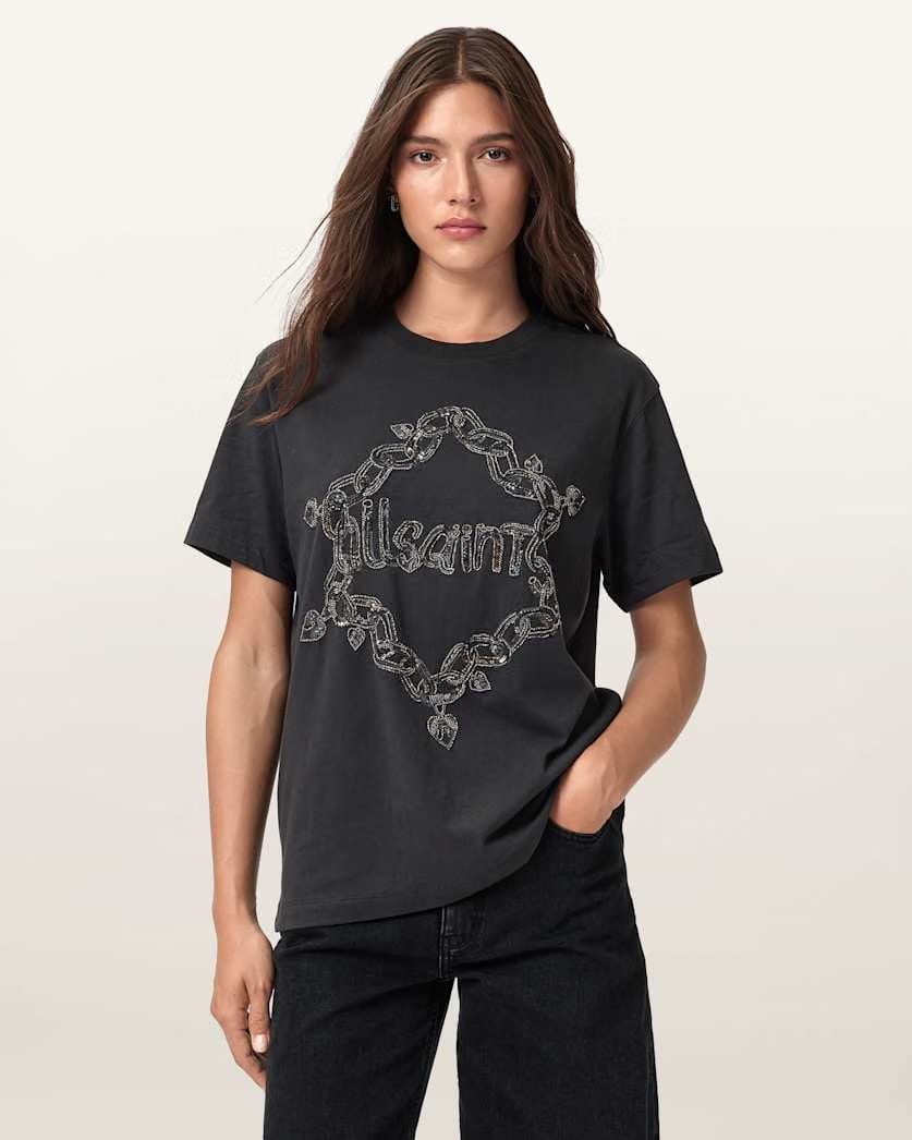 AllSaints Drip Embellished Boyfriend T Shirt Women's Washed Black Women's