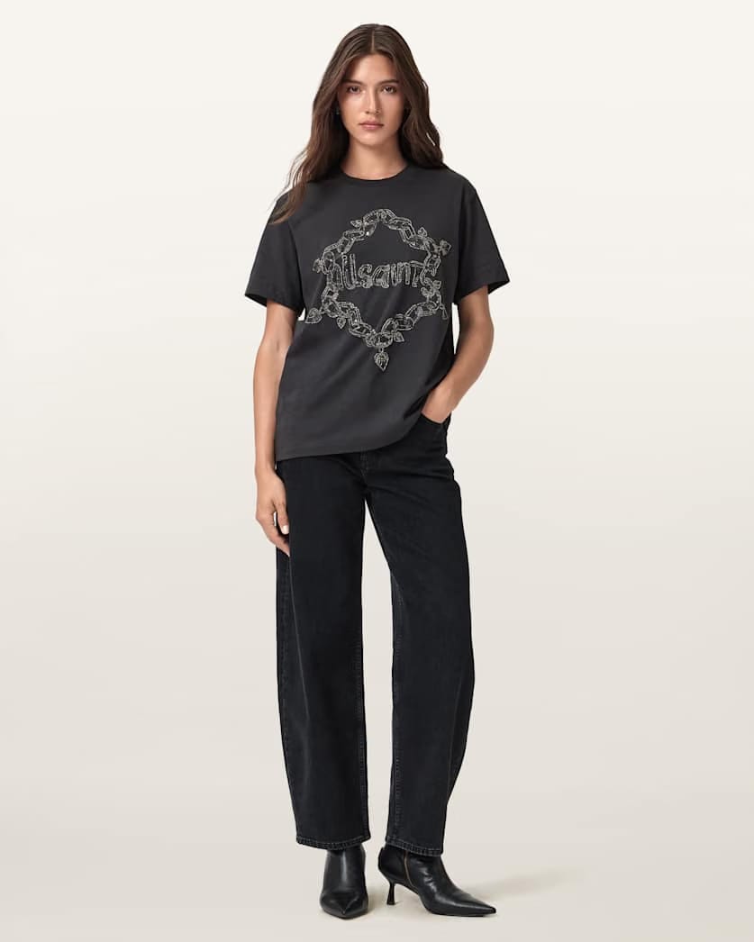 AllSaints Drip Embellished Boyfriend T Shirt Women's Washed Black Women's