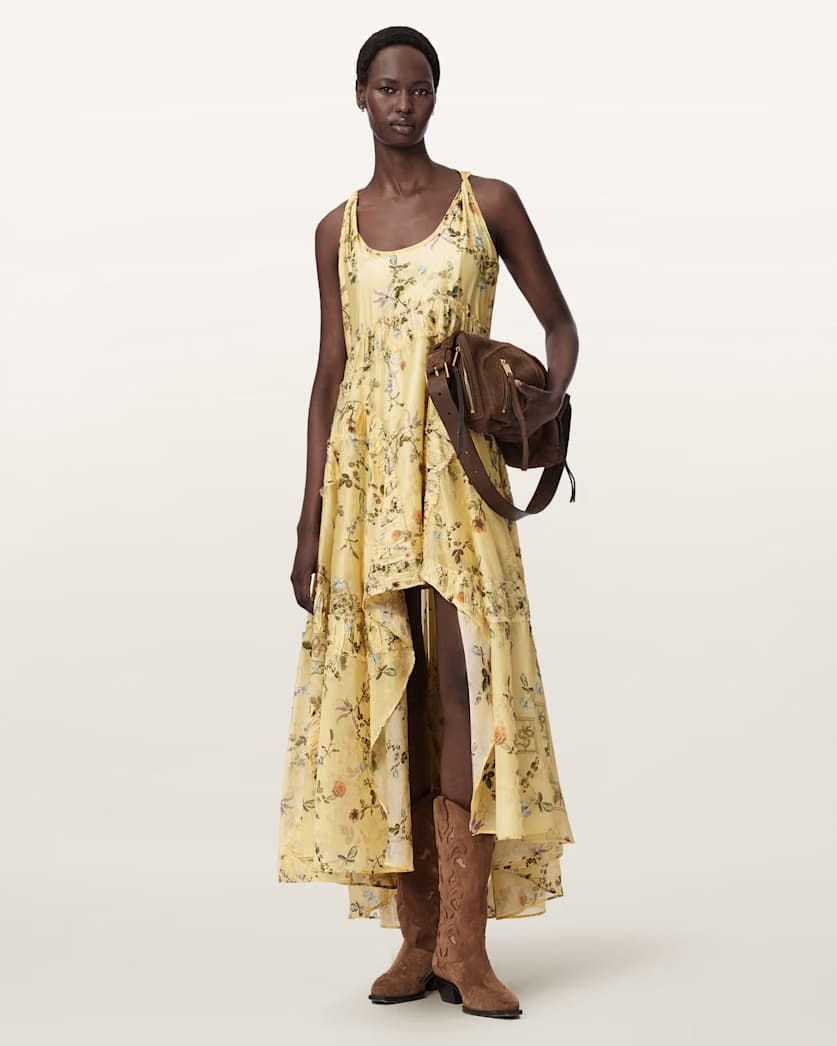 AllSaints Dorina Floral Asymmetric Dress Women's Carmel Pale Yellow Women's