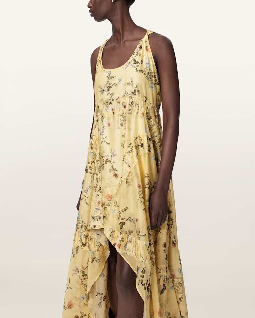 AllSaints Dorina Floral Asymmetric Dress Women's Carmel Pale Yellow Women's