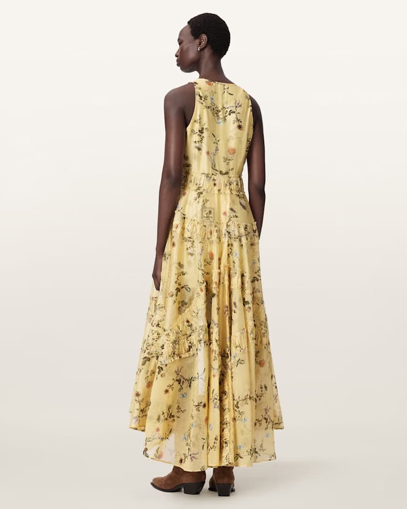 AllSaints Dorina Floral Asymmetric Dress Women's Carmel Pale Yellow Women's