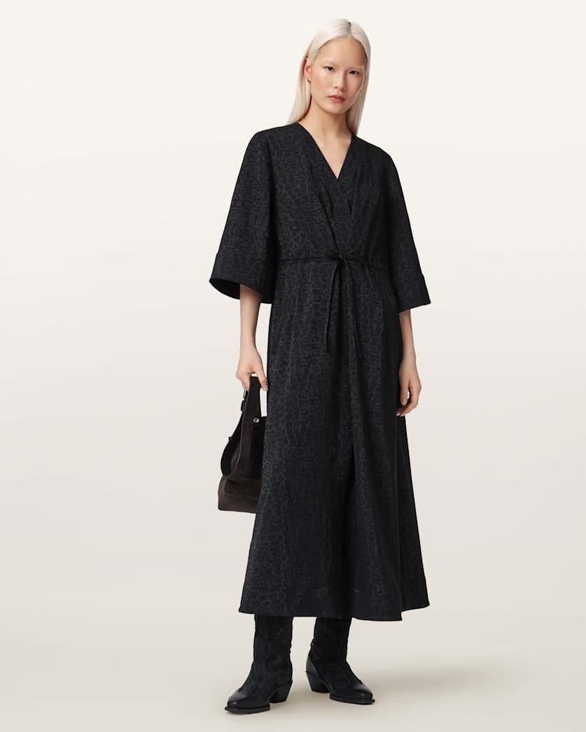 AllSaints Diana Leopard Print Pleated Maxi Dress Women's Leppo Black Women's