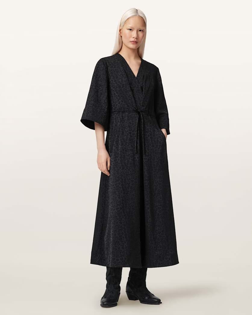 AllSaints Diana Leopard Print Pleated Maxi Dress Women's Leppo Black Women's
