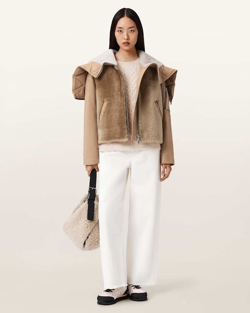 AllSaints Dexter Shearling Bomber Jacket Women's Taupe Brown Women's