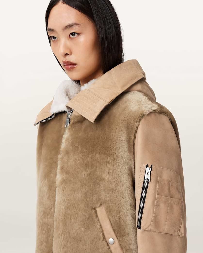 AllSaints Dexter Shearling Bomber Jacket Women's Taupe Brown Women's
