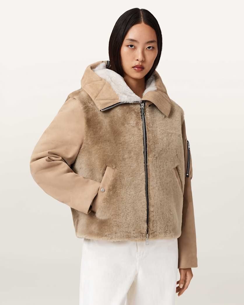 AllSaints Dexter Shearling Bomber Jacket Women's Taupe Brown Women's