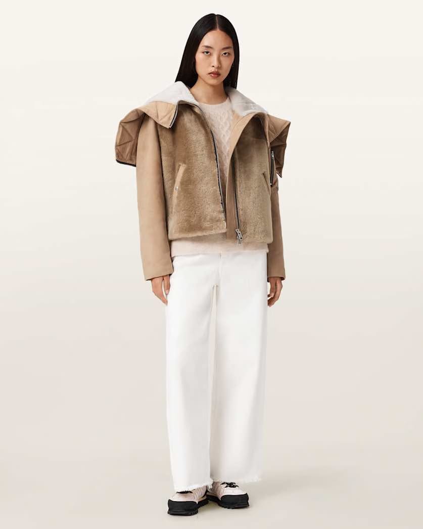 AllSaints Dexter Shearling Bomber Jacket Women's Taupe Brown Women's