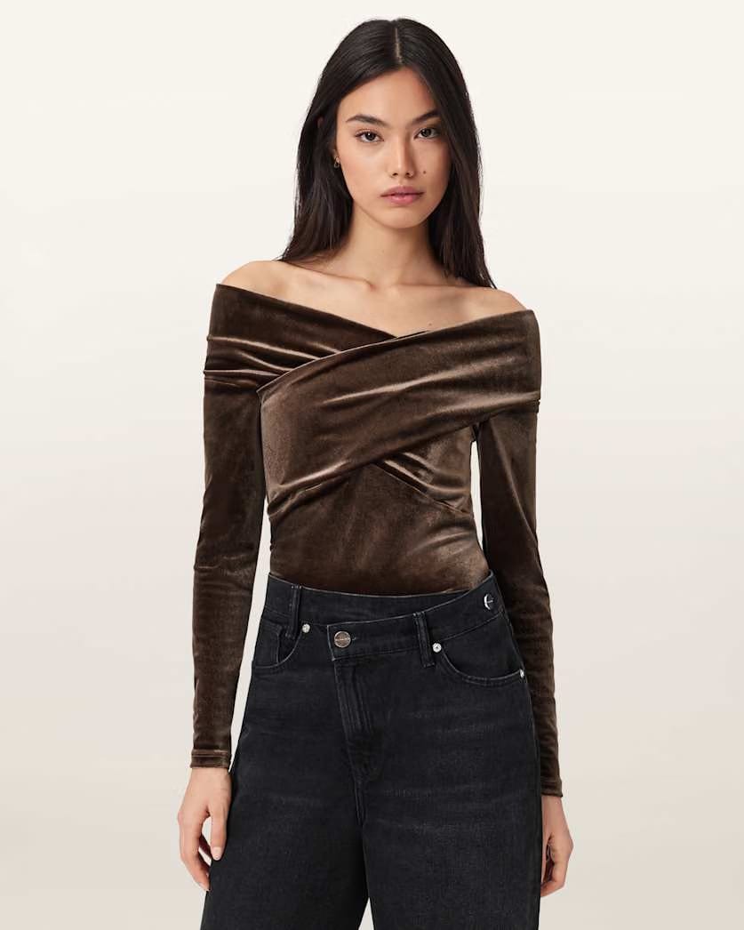 AllSaints Delta Velvet Wrap Top Women's Bitter Brown Women's