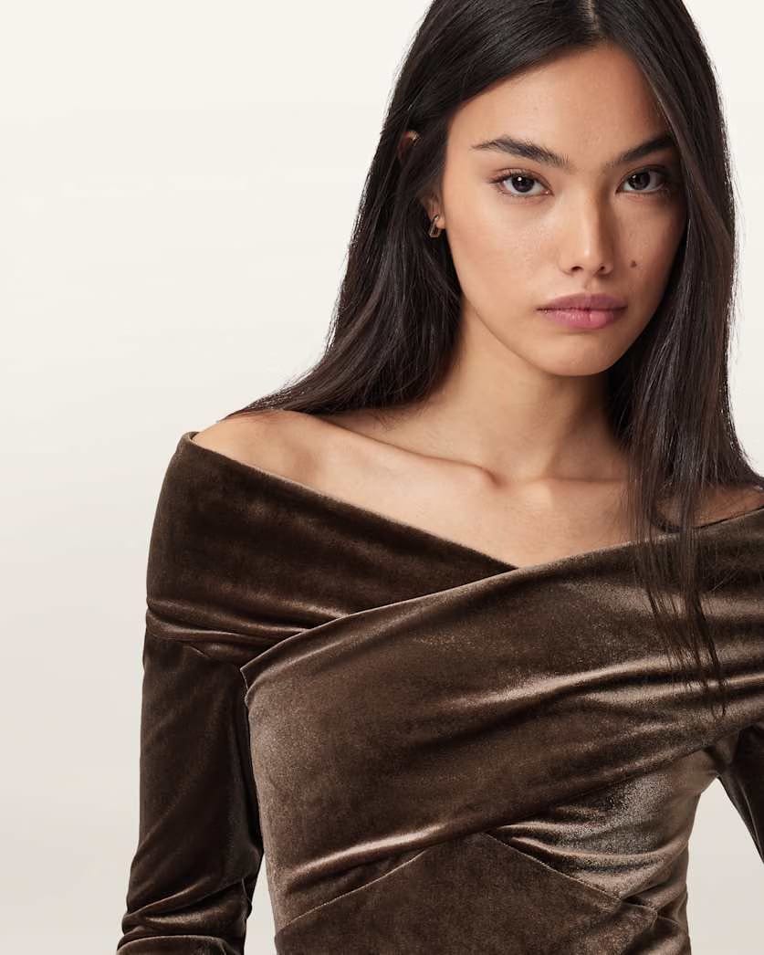AllSaints Delta Velvet Wrap Top Women's Bitter Brown Women's