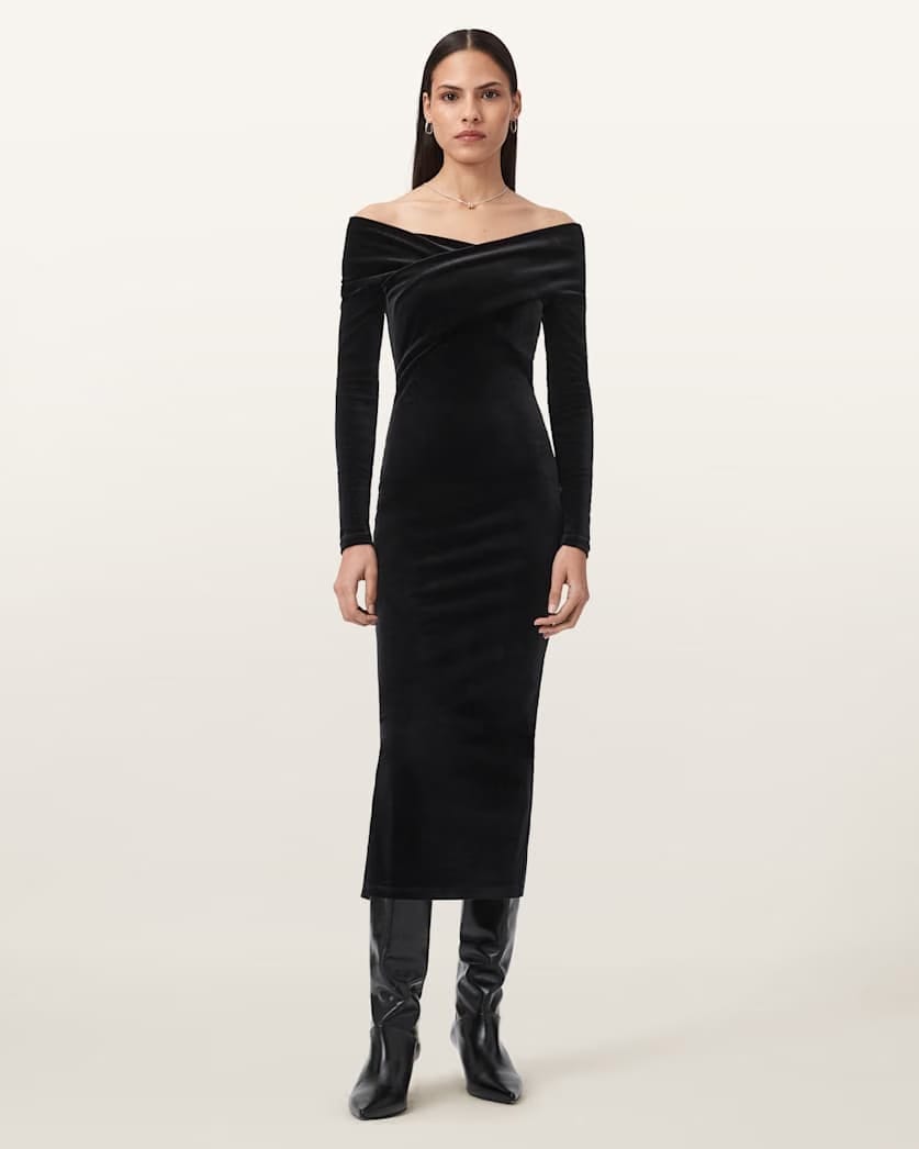 AllSaints Delta Velvet Midi Dress Women's Bitter Brown Women's