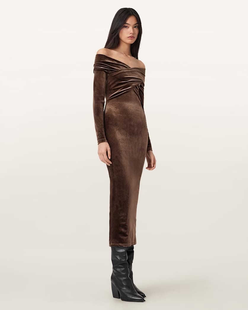 AllSaints Delta Velvet Midi Dress Women's Bitter Brown Women's