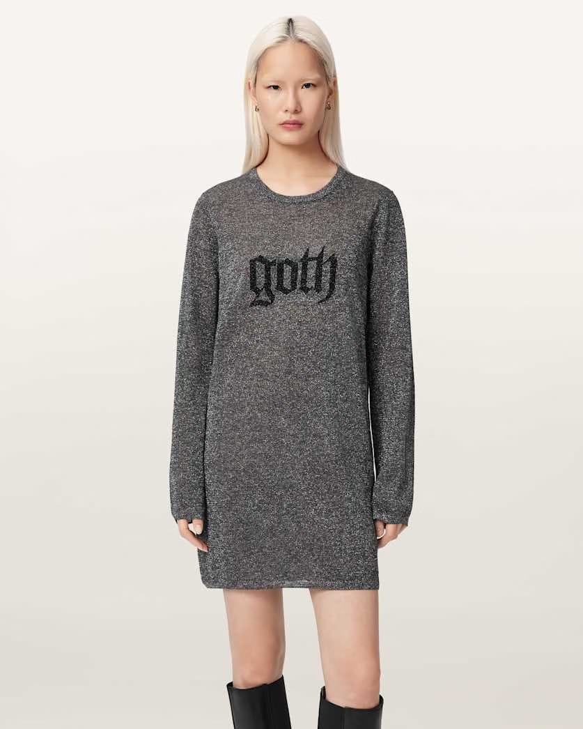 AllSaints Deetz Metallic Long Sleeve Mini Dress Women's Foggy Silver Women's