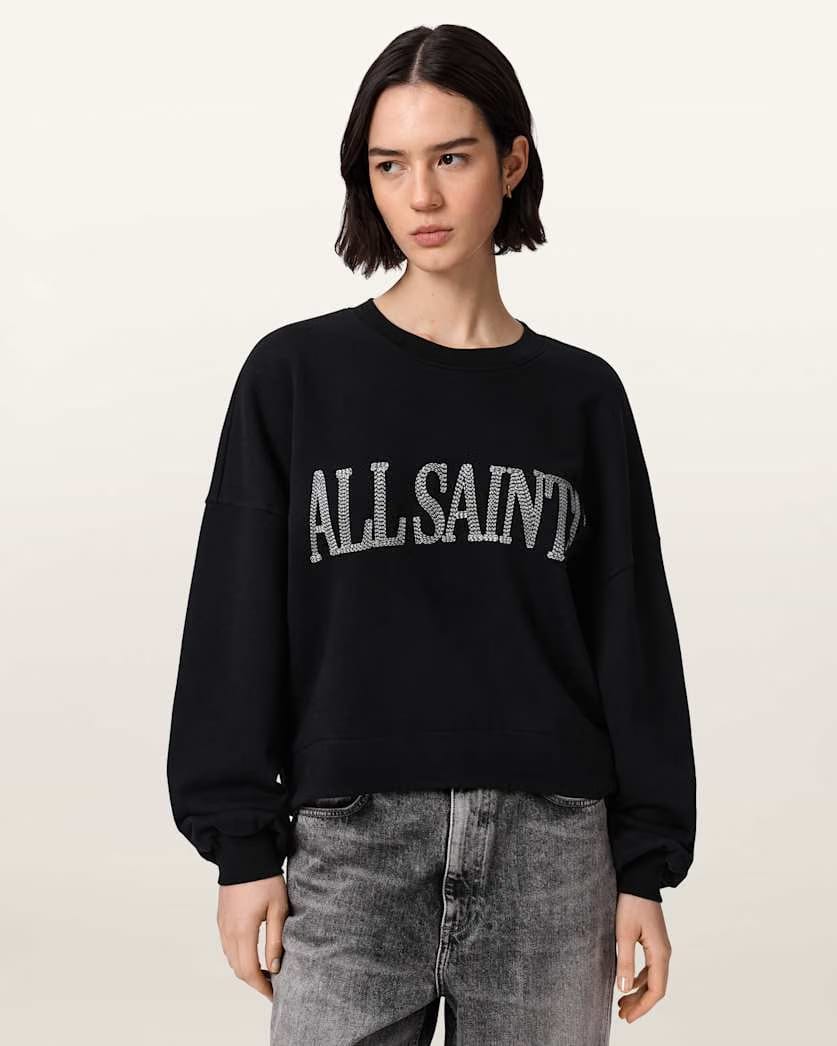 AllSaints Dash Lila Oversized Embroidered Sweatshirt Women's Washed Black Women's
