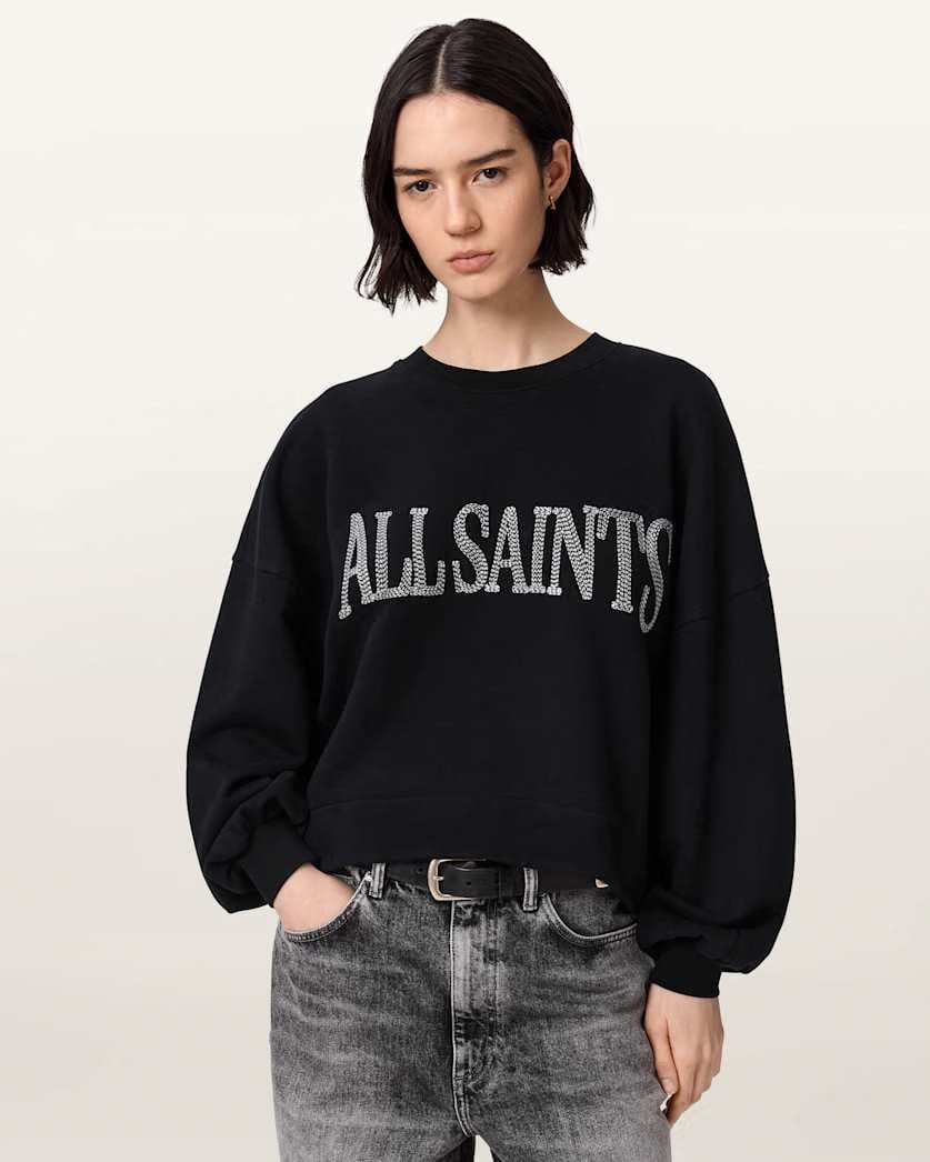 AllSaints Dash Lila Oversized Embroidered Sweatshirt Women's Washed Black Women's