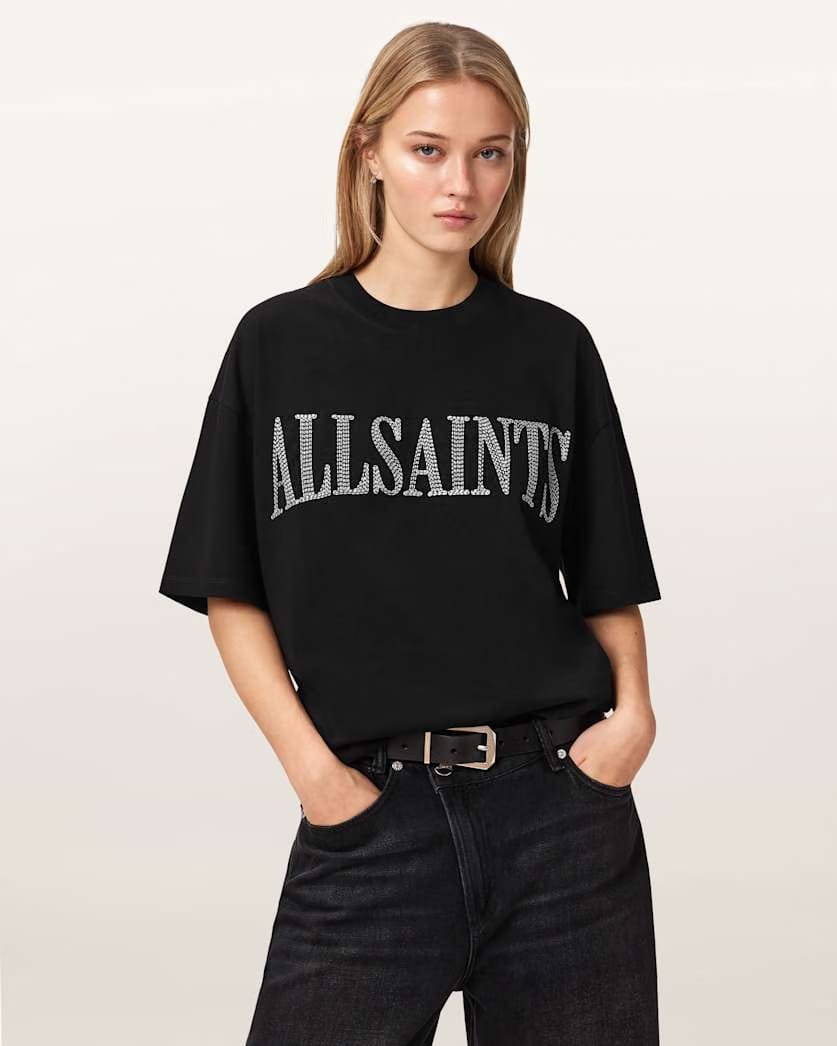 AllSaints Dash Etta Oversized Embroidered T Shirt Women's Washed Black Women's