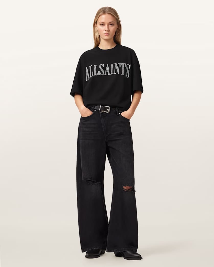 AllSaints Dash Etta Oversized Embroidered T Shirt Women's Washed Black Women's