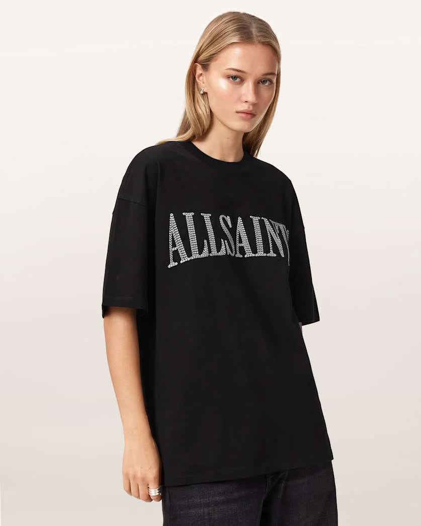 AllSaints Dash Etta Oversized Embroidered T Shirt Women's Washed Black Women's
