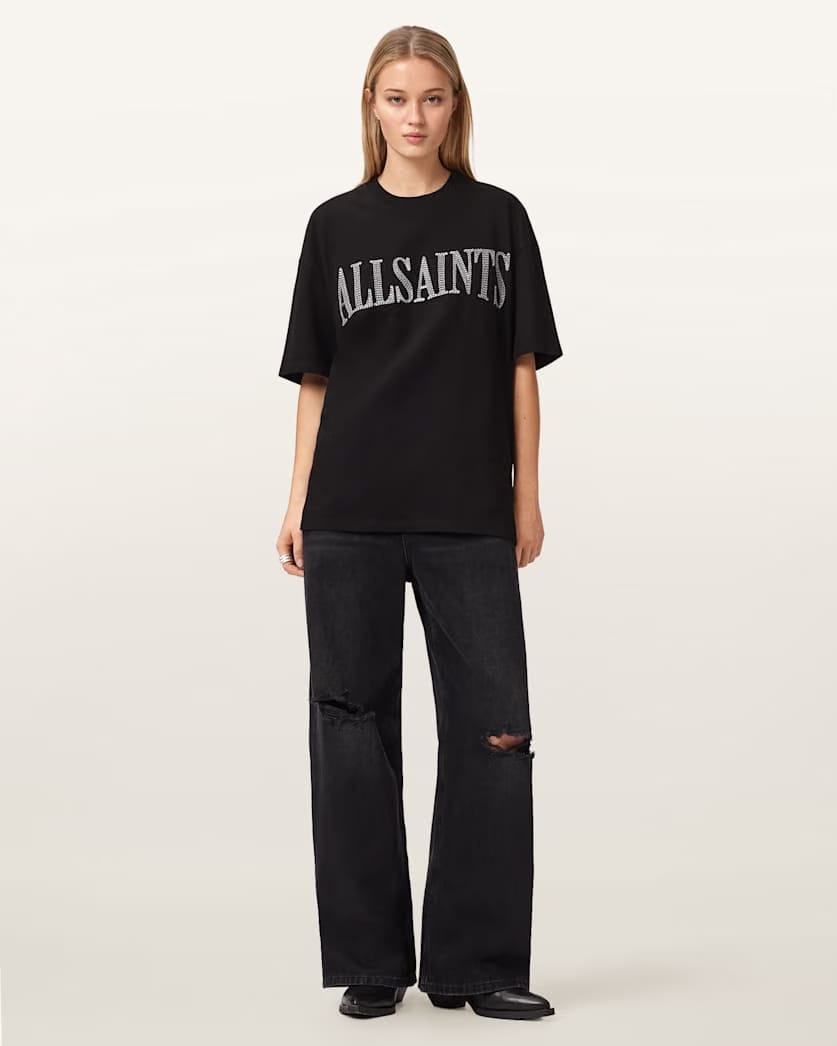 AllSaints Dash Etta Oversized Embroidered T Shirt Women's Washed Black Women's