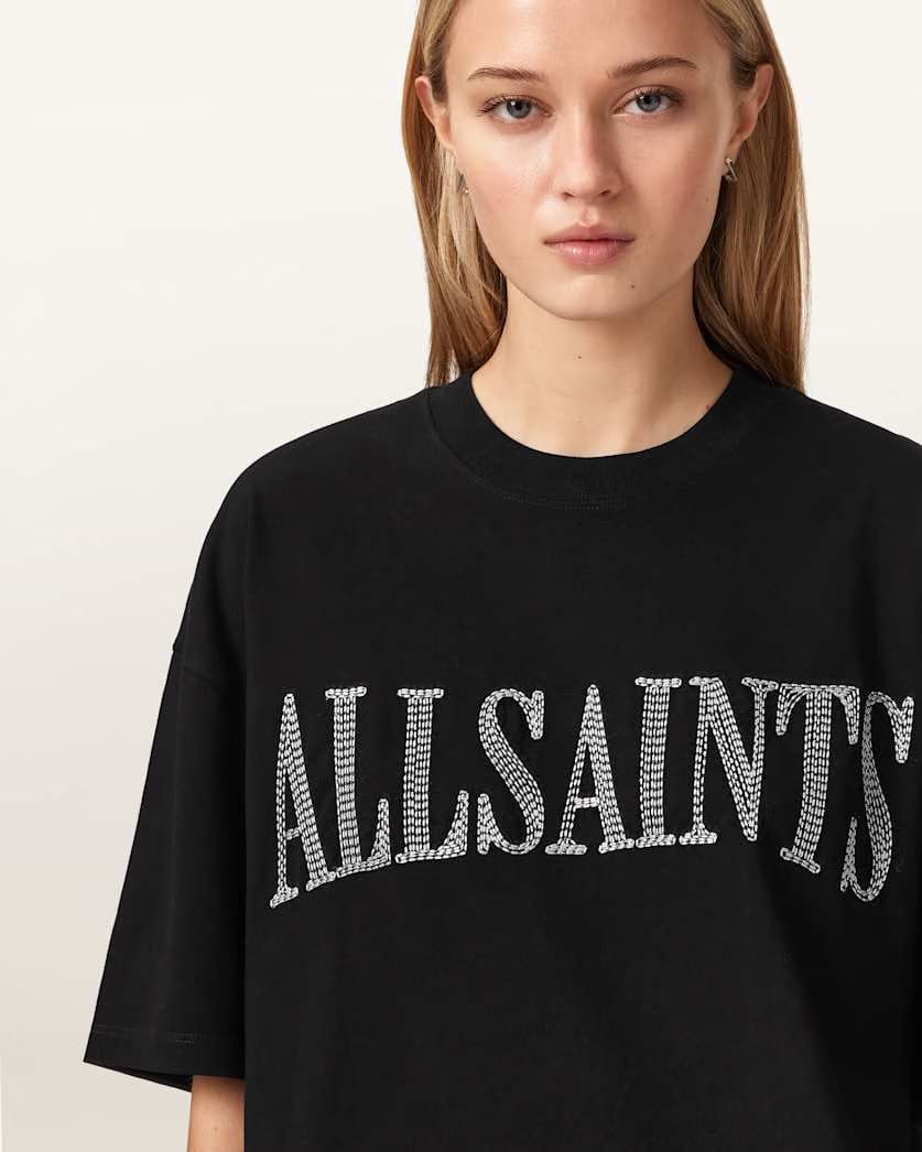 AllSaints Dash Etta Oversized Embroidered T Shirt Women's Washed Black Women's