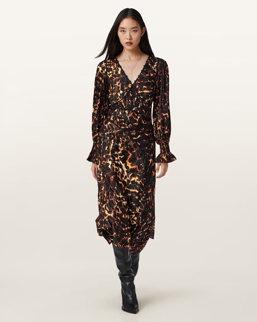 AllSaints Danni Shirr Midi Dress Women's Pardus Flame Brown Women's