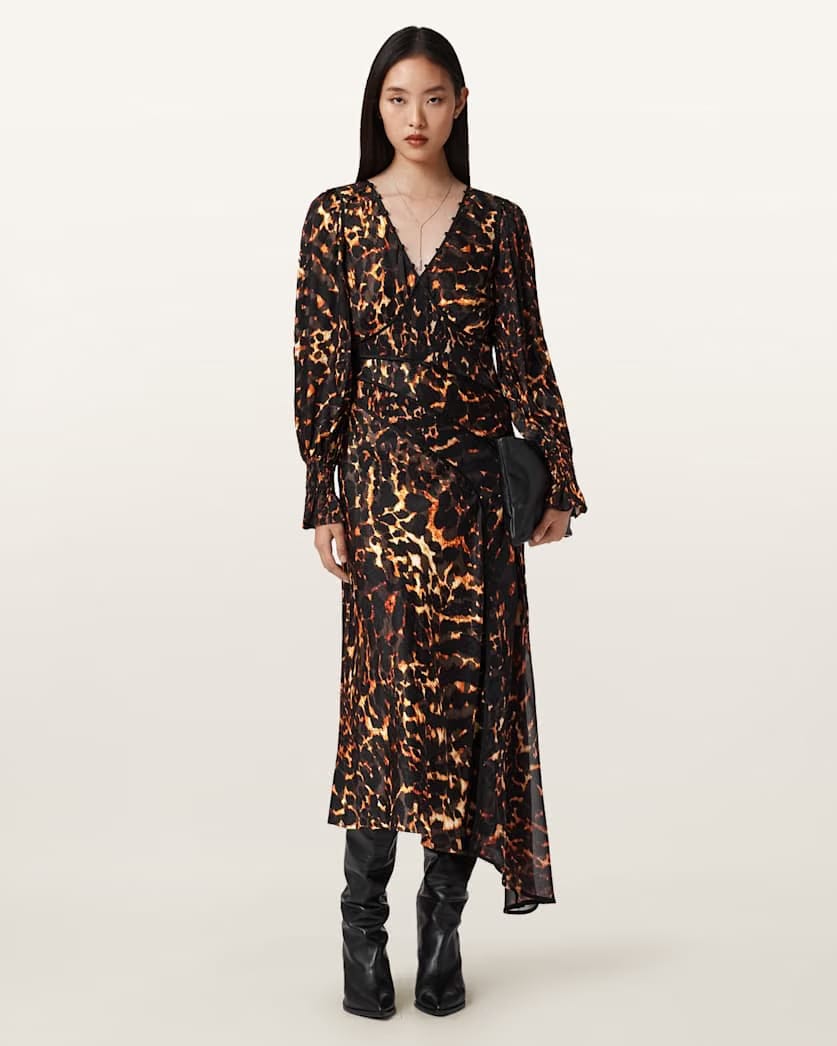 AllSaints Danni Shirr Midi Dress Women's Pardus Flame Brown Women's