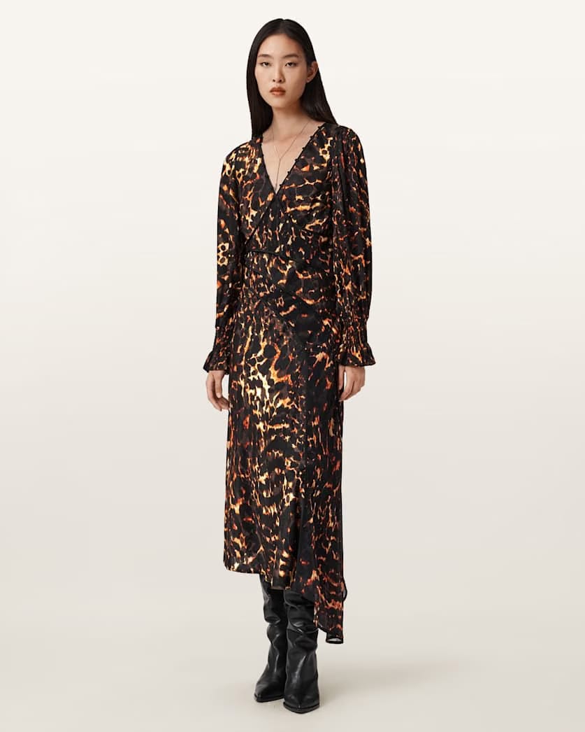 AllSaints Danni Shirr Midi Dress Women's Pardus Flame Brown Women's