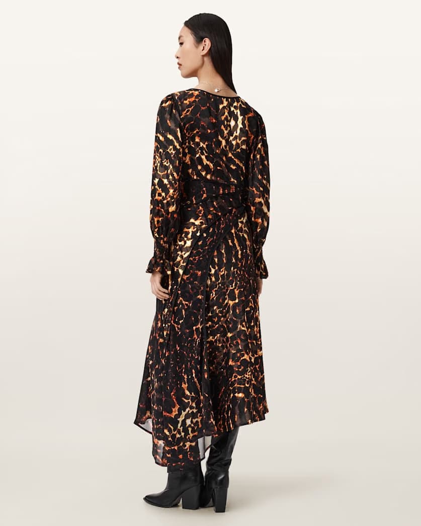 AllSaints Danni Shirr Midi Dress Women's Pardus Flame Brown Women's
