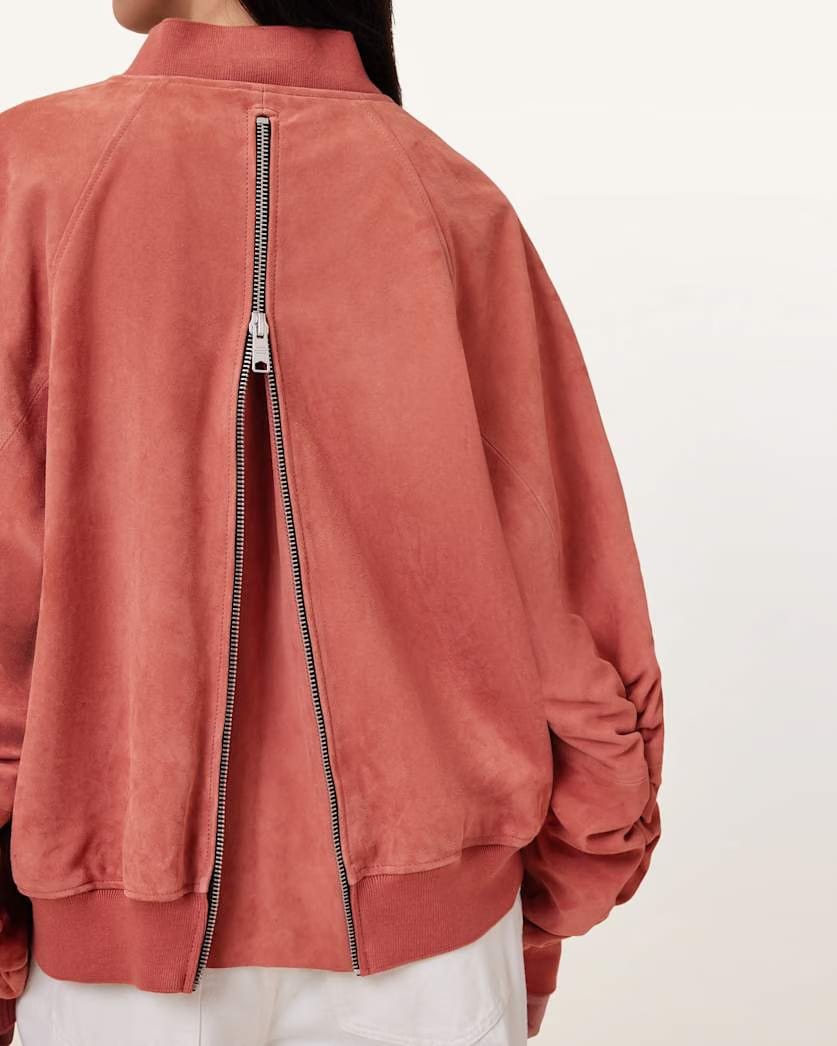 AllSaints Dana Relaxed Fit Suede Bomber Jacket Women's Burnt Brick Red Women's