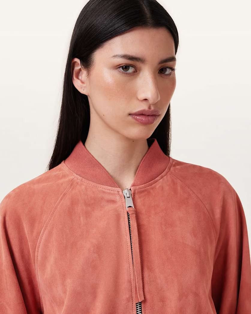 AllSaints Dana Relaxed Fit Suede Bomber Jacket Women's Burnt Brick Red Women's